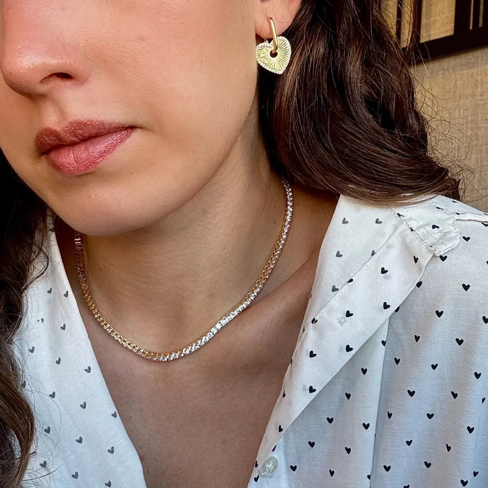 Colar de ouro com zircônias e brinco coração dourado, joias elegantes para mulheres