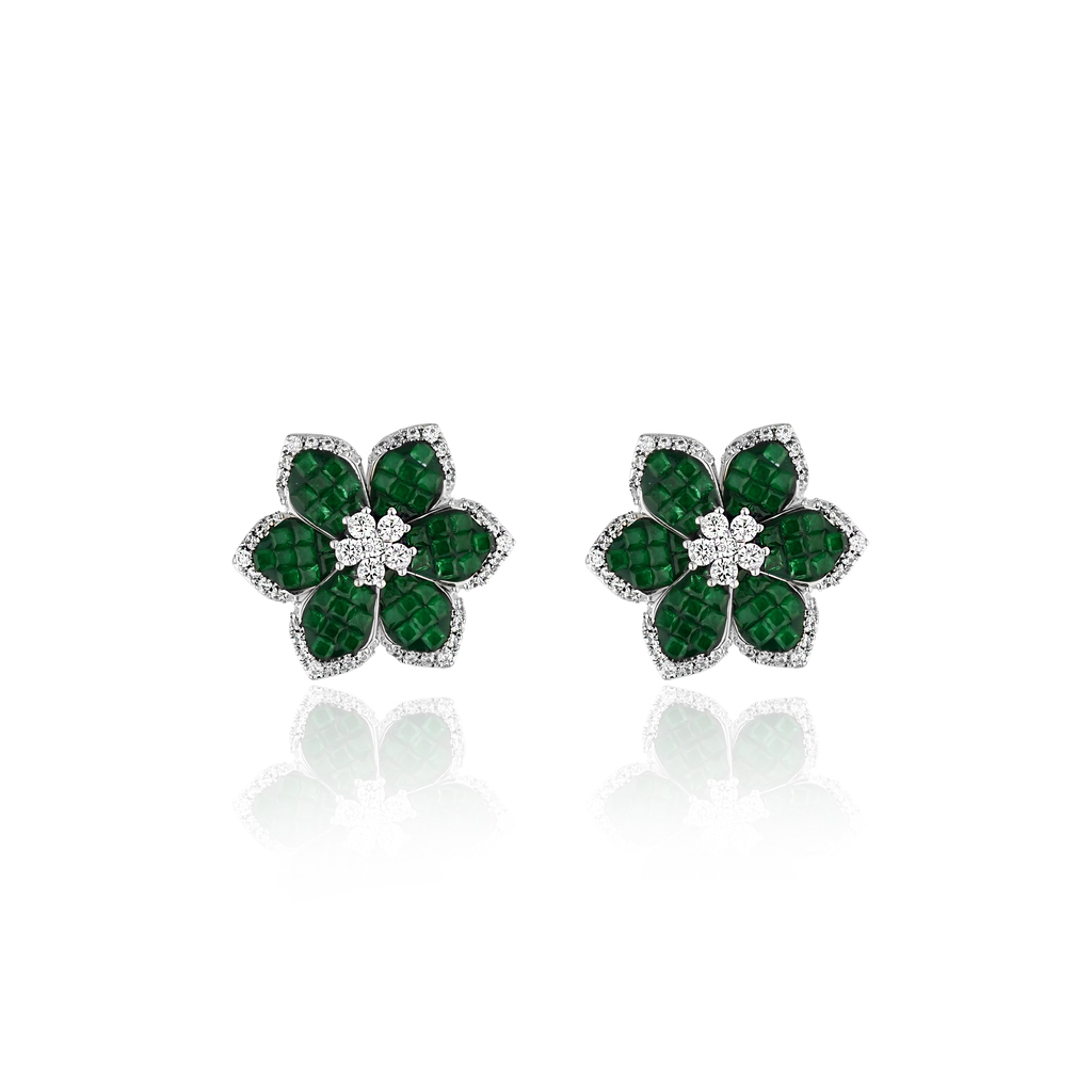 BRINCO FLOR ZIRCÔNIA ESMERALDA BANHO RÓDIO